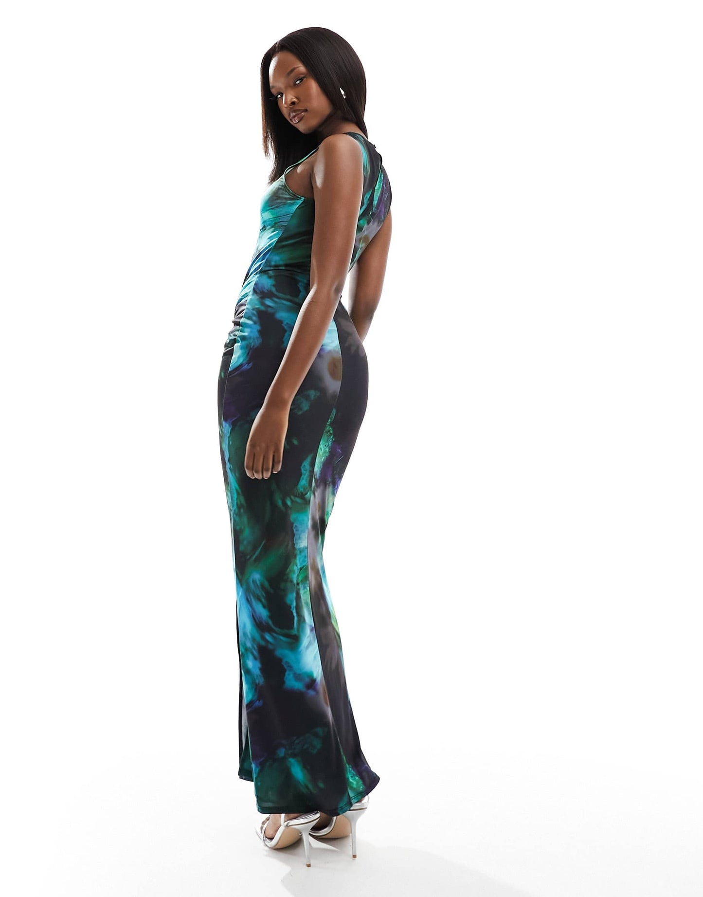 Flounce London knot front split leg maxi dress in blur print