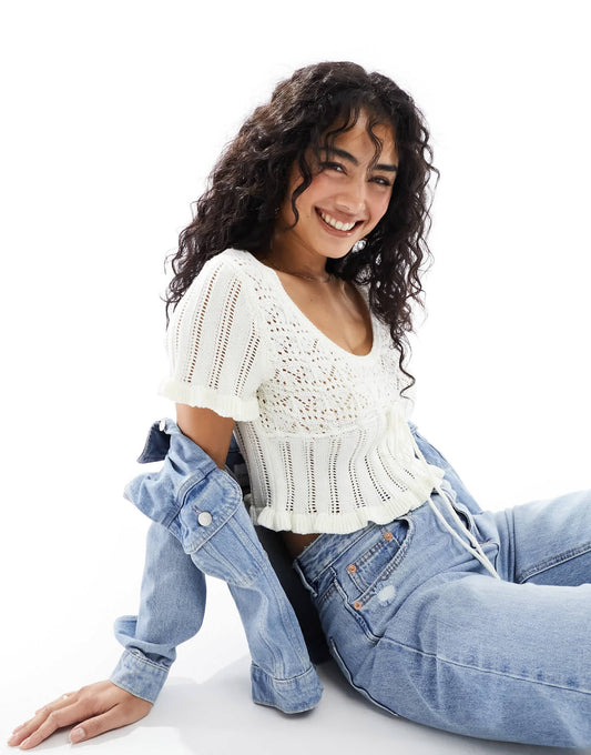 ASOS DESIGN knitted milkmaid top in open stitch with tie waist in cream