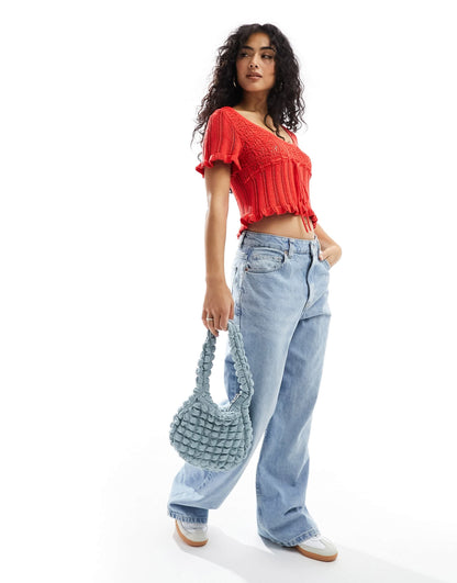 ASOS DESIGN knitted milkmaid top in open stitch with tie waist in red