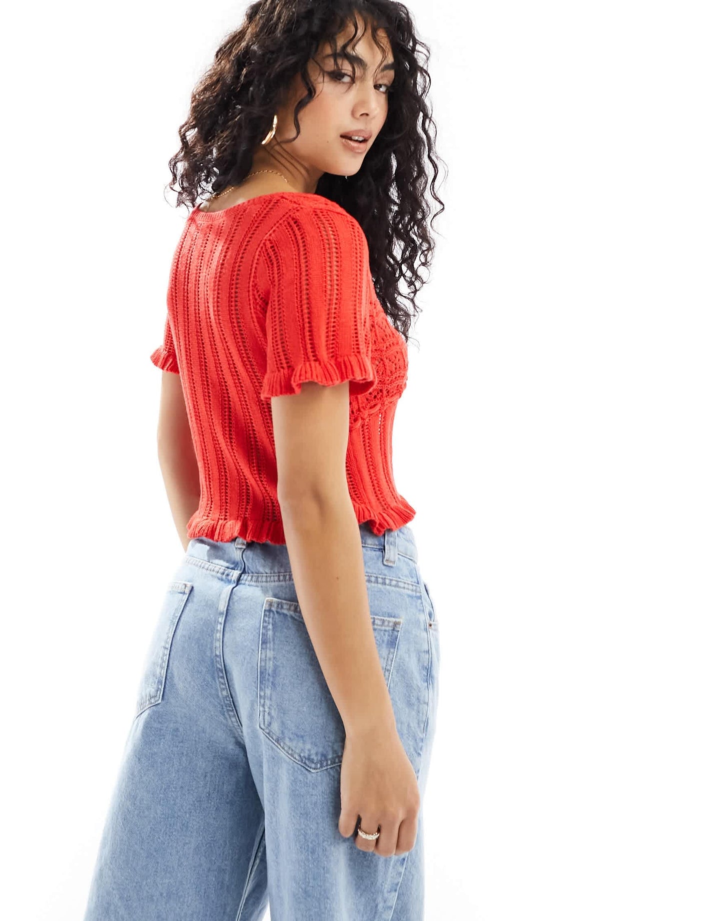 ASOS DESIGN knitted milkmaid top in open stitch with tie waist in red