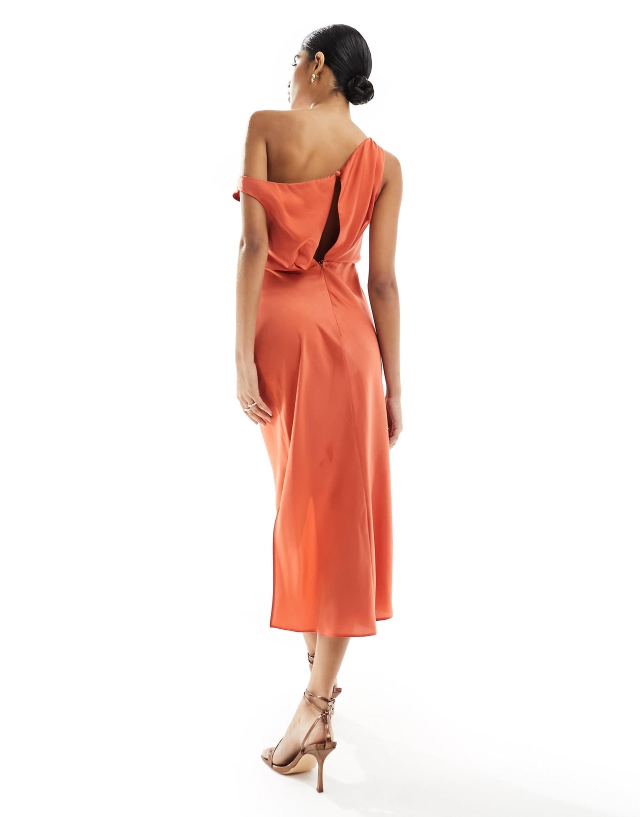 ASOS DESIGN satin off shoulder drape detail midi dress in rust