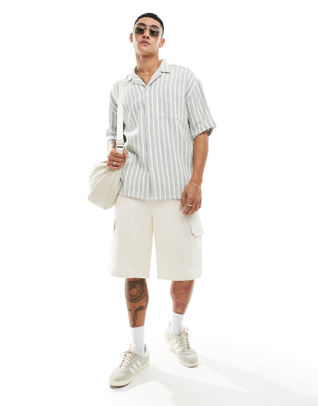 New Look short sleeve textured shirt in green stripe