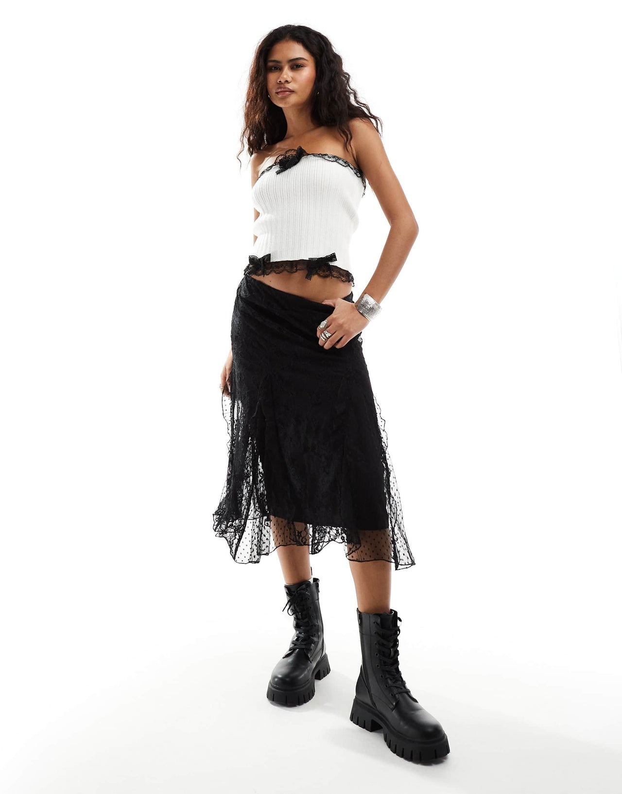 COLLUSION lace trim knitted bandeau top in white