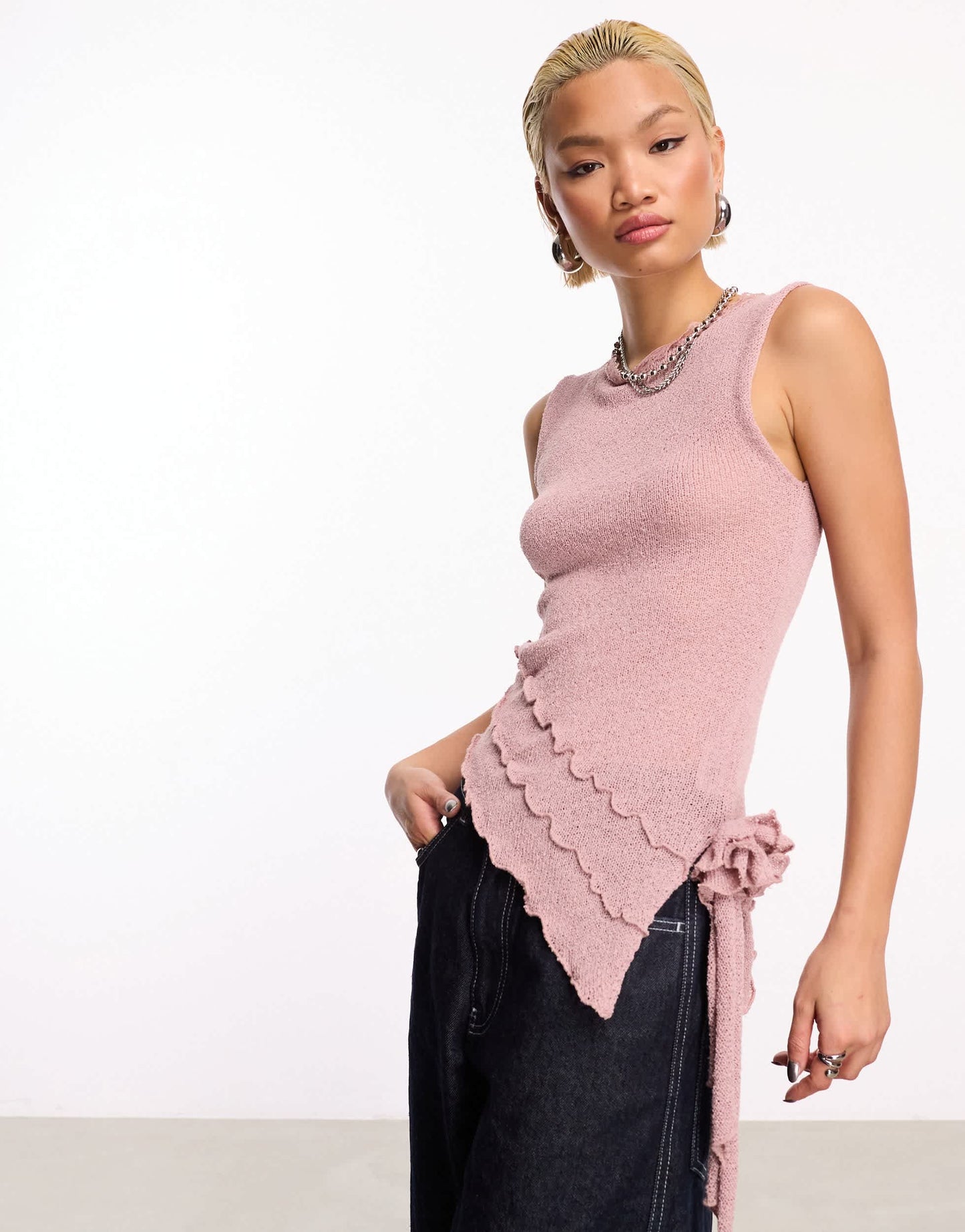 COLLUSION fine knit  knitted vest with corsage trim in rose pink