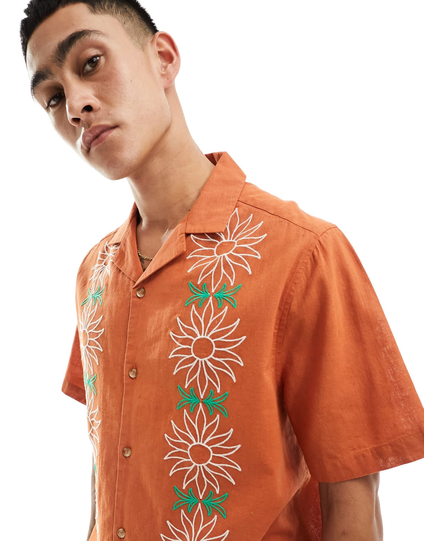 ASOS DESIGN relaxed revere shirt with floral applique in orange