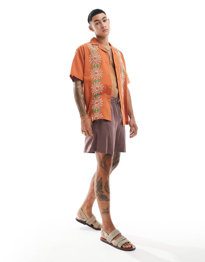 ASOS DESIGN relaxed revere shirt with floral applique in orange