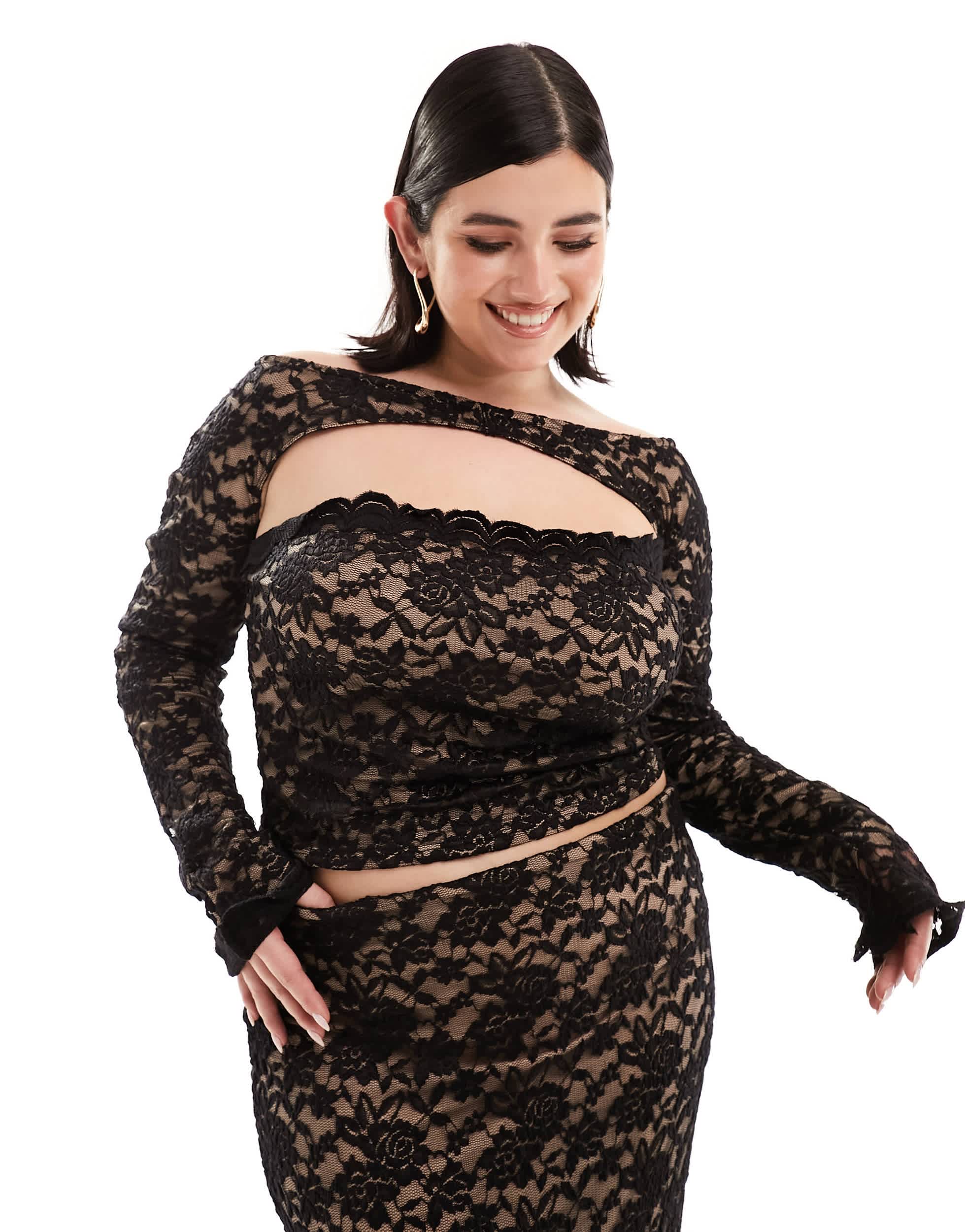 ASOS DESIGN Curve co-ord lace bandeau top with shrug in black