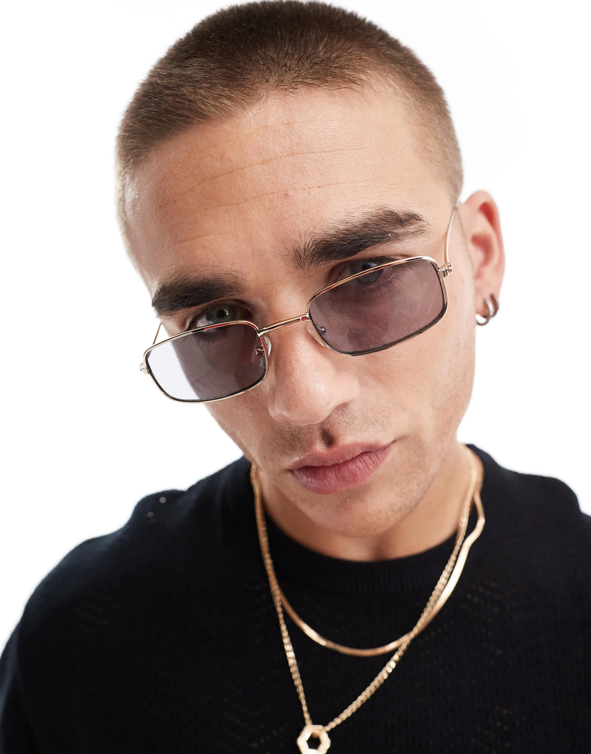 ASOS DESIGN rectangle sunglasses with light blue lens in gold