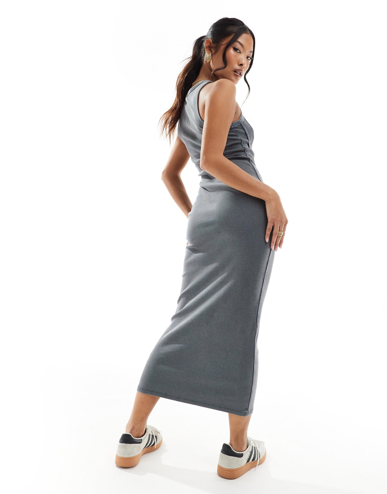 Miss Selfridge Petite corset racer midi dress in washed charcoal