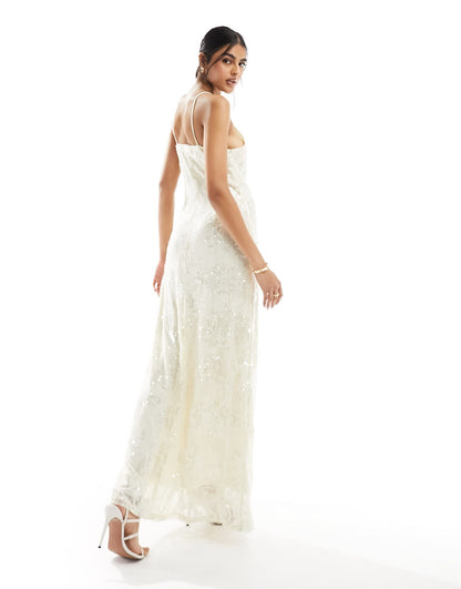 Vero Moda placement sequin maxi dress in off white