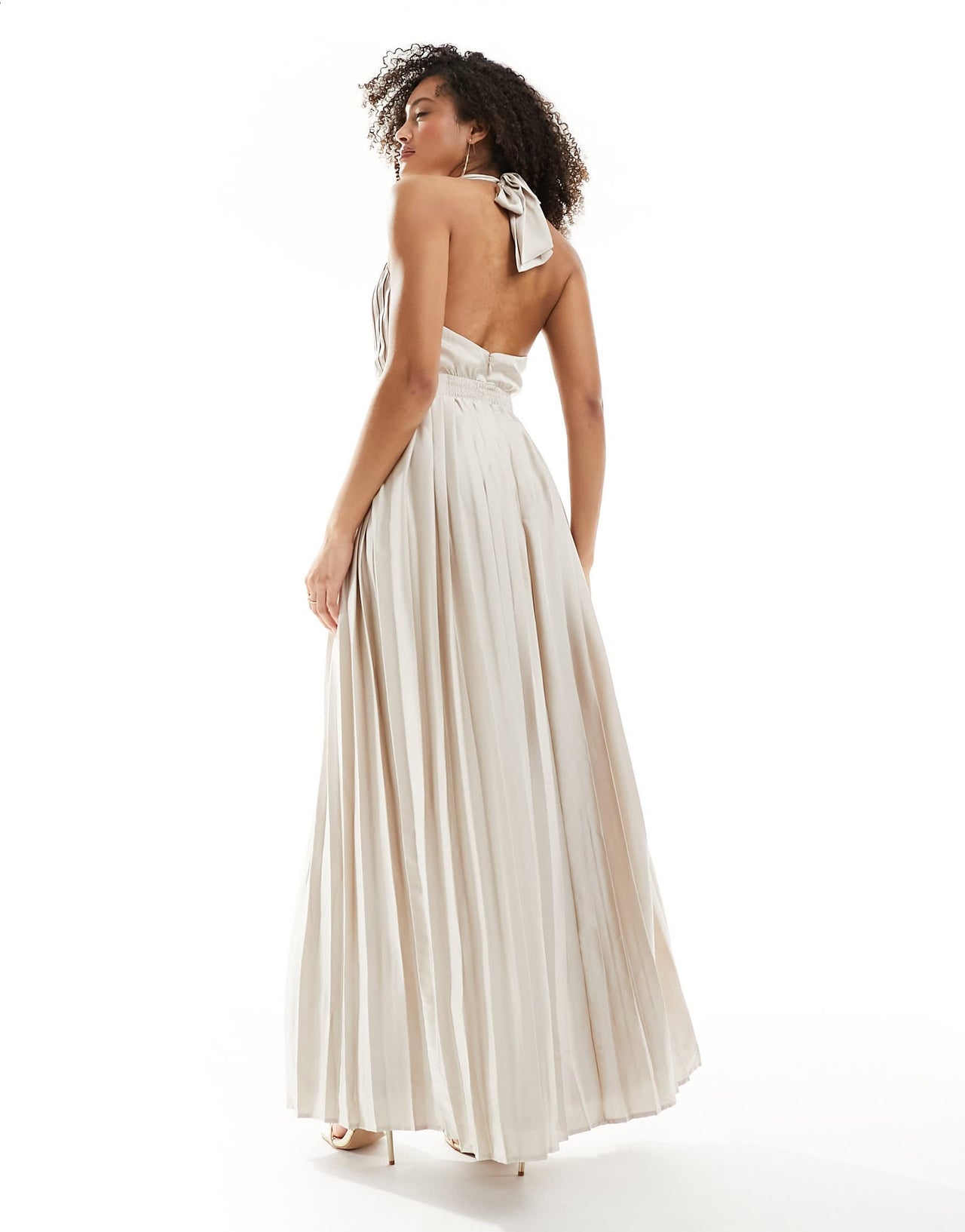 TFNC Bridesmaid satin pleated halterneck maxi dress with full skirt in champagne