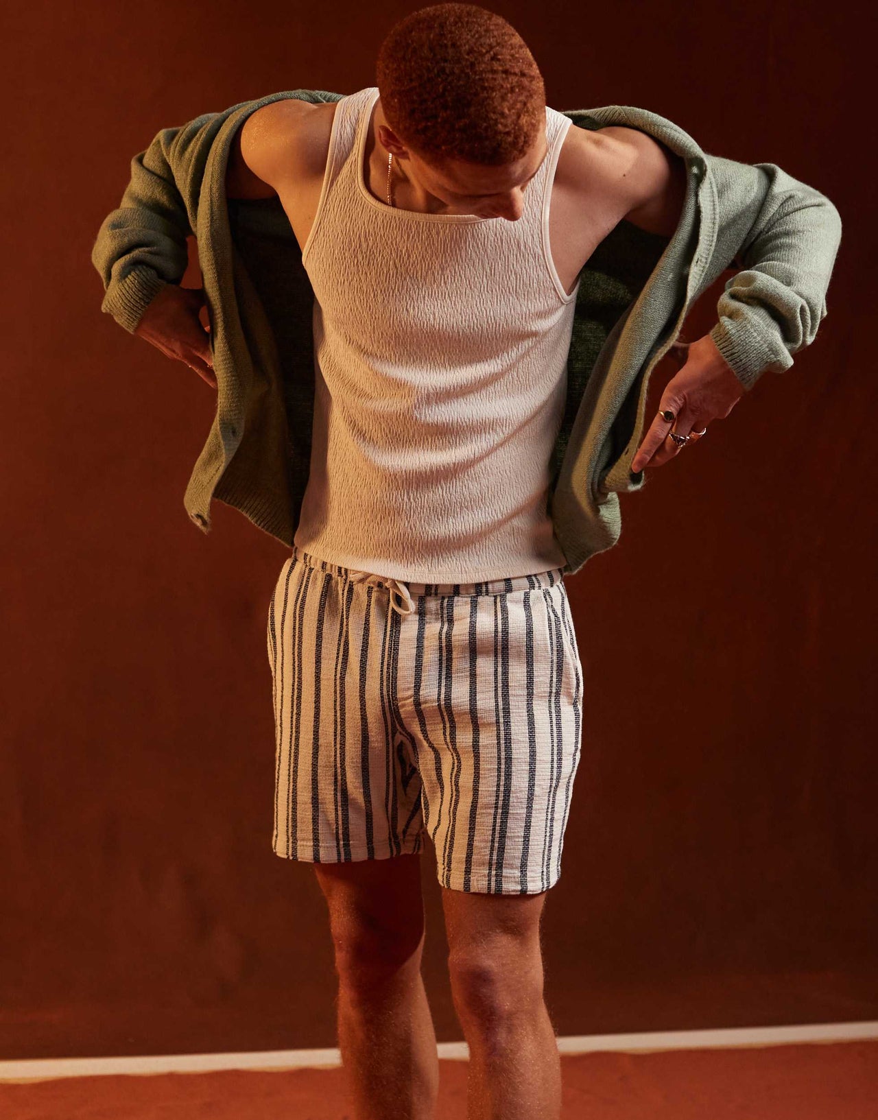 ASOS DESIGN slim short in heavy weight textured navy and white stripe