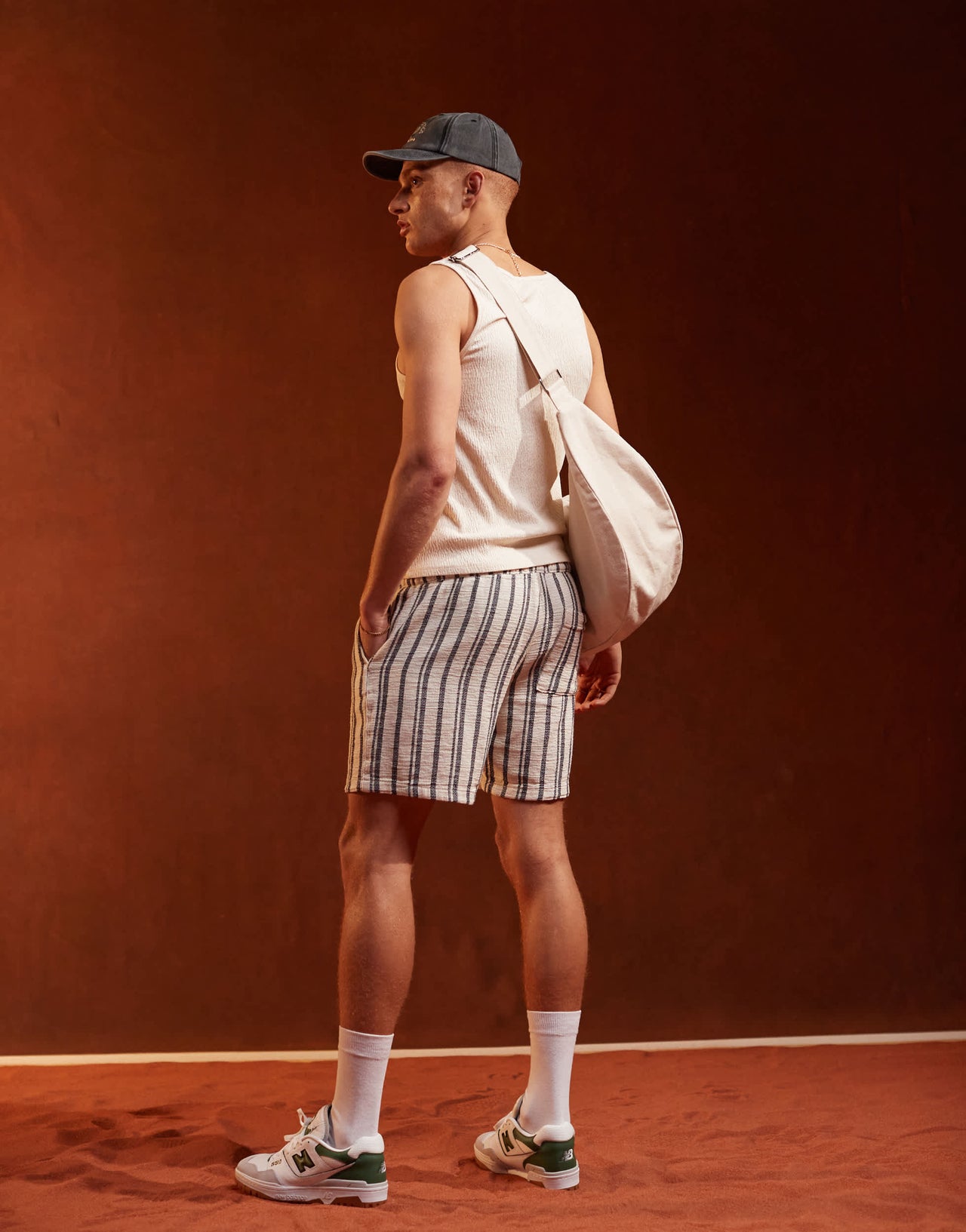 ASOS DESIGN slim short in heavy weight textured navy and white stripe