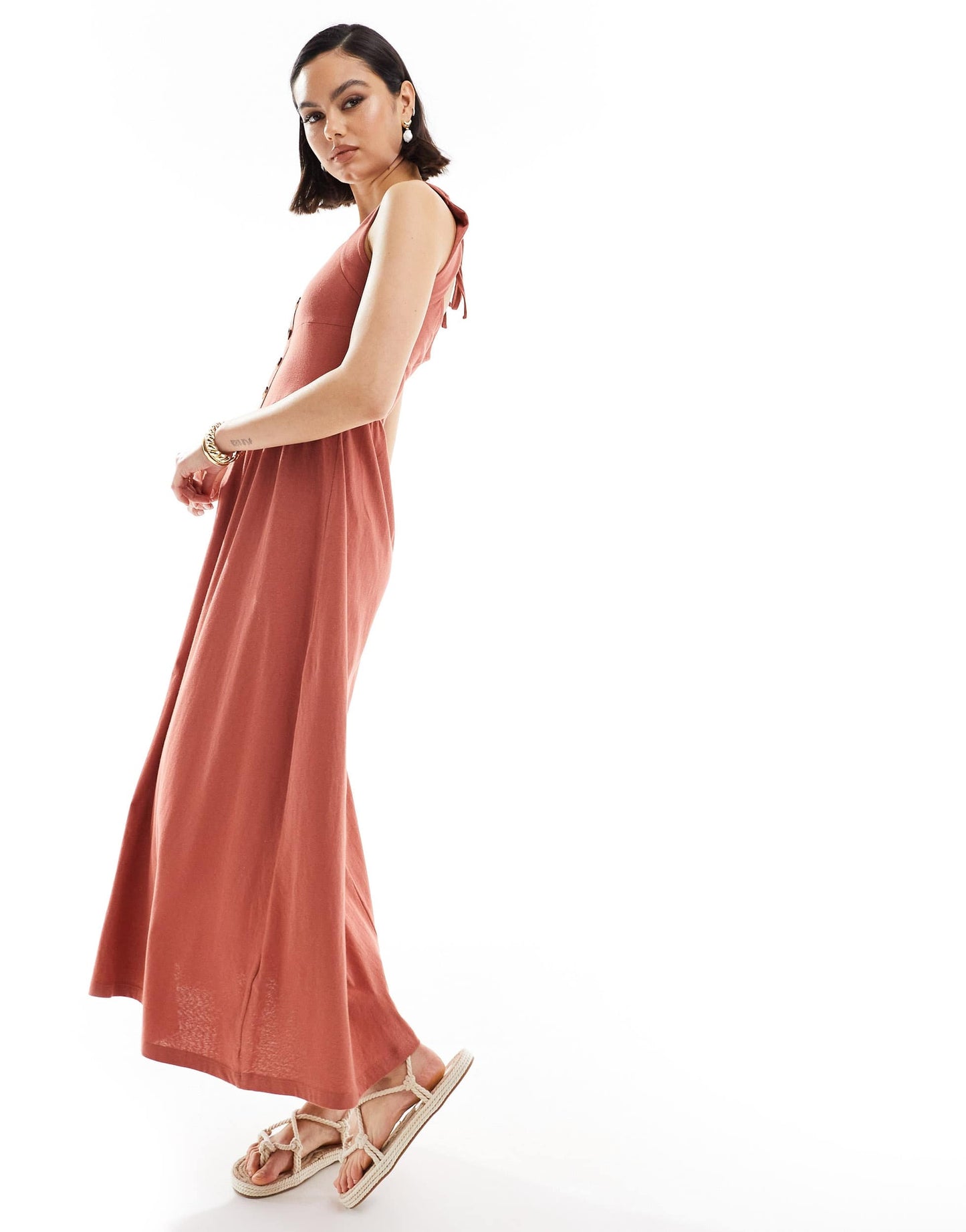 ASOS DESIGN square neck midi sundress with button detail in terracotta