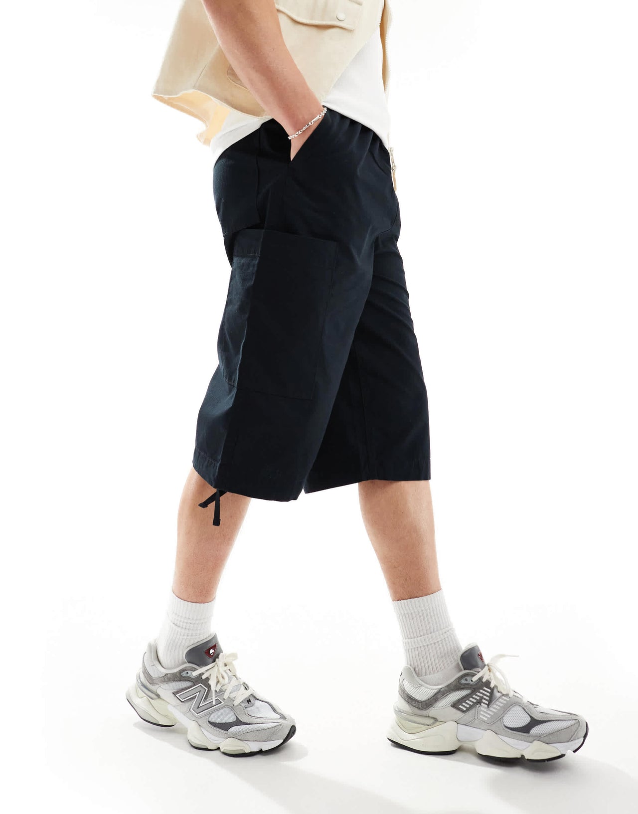 ASOS DESIGN longer length parachute cargo shorts in black