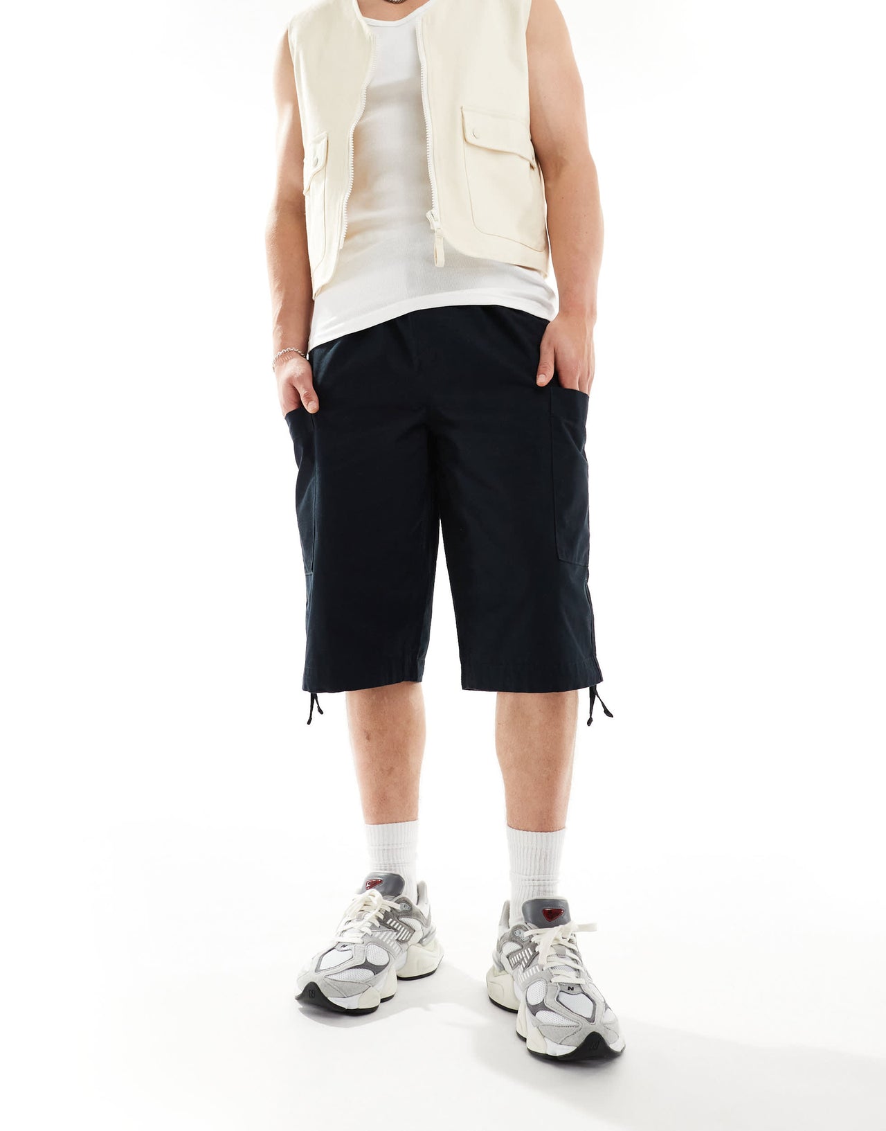 ASOS DESIGN longer length parachute cargo shorts in black
