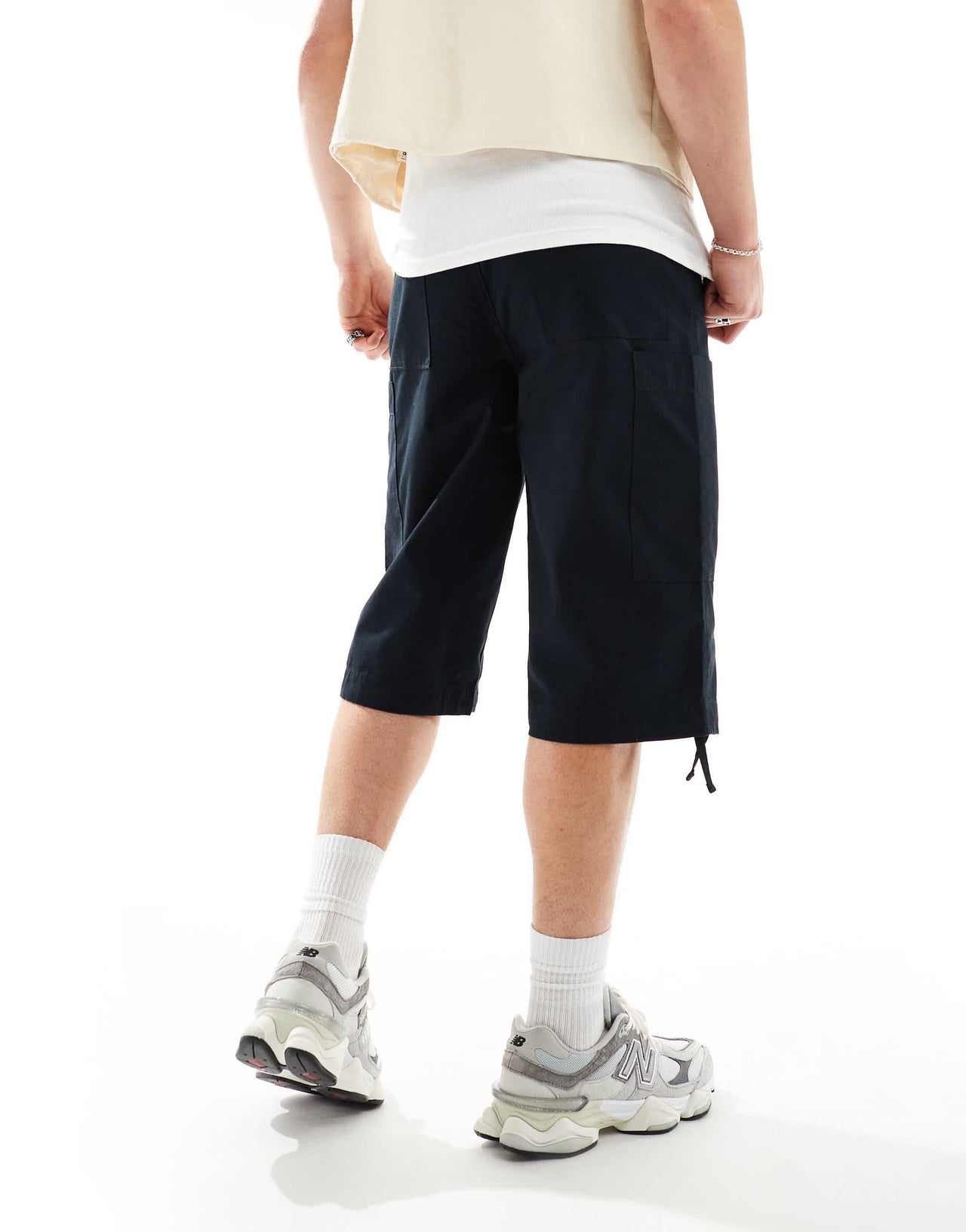 ASOS DESIGN longer length parachute cargo shorts in black