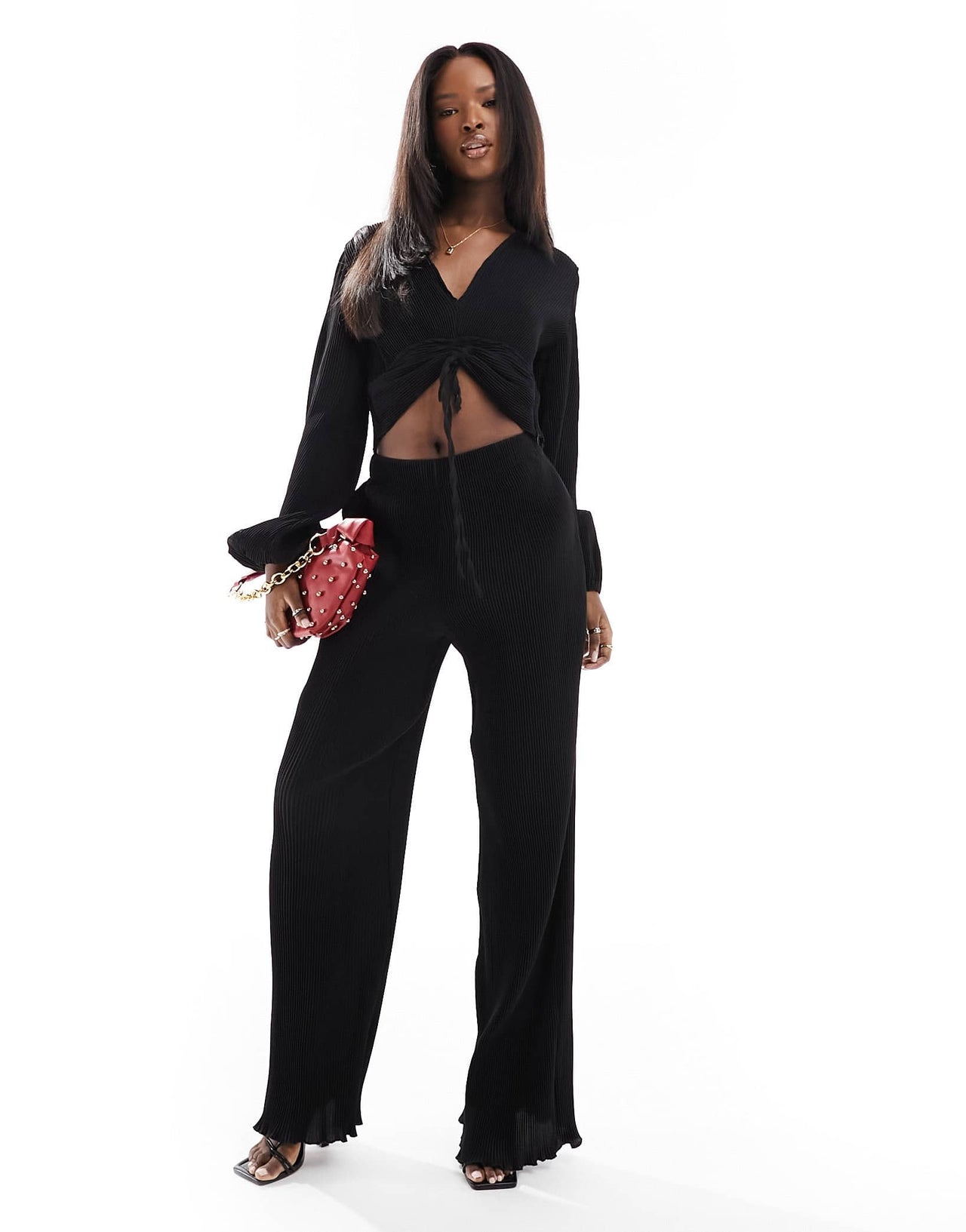 In The Style plisse wide leg trouser co-ord in black