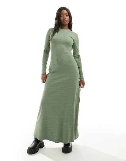 ASOS DESIGN column ribbed maxi dress with crew neck in khaki
