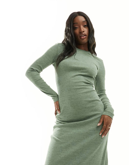 ASOS DESIGN column ribbed maxi dress with crew neck in khaki
