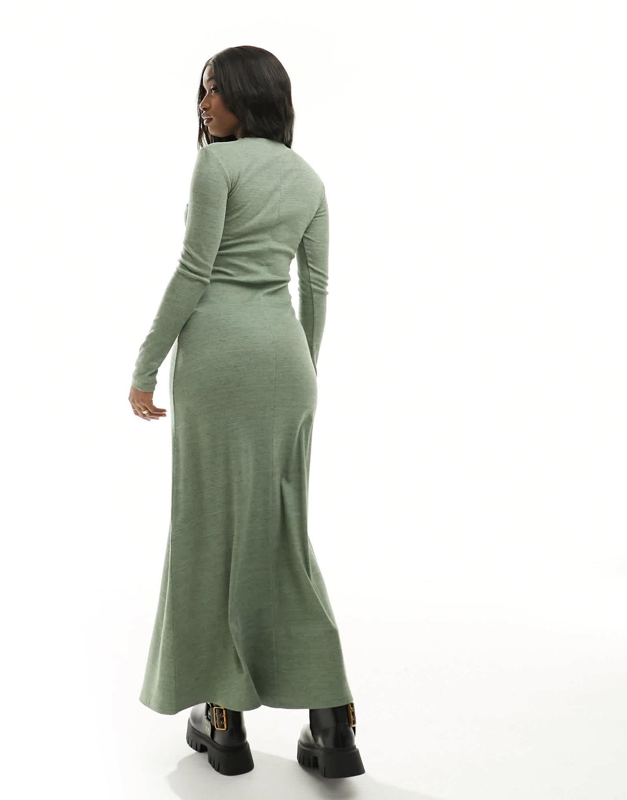 ASOS DESIGN column ribbed maxi dress with crew neck in khaki