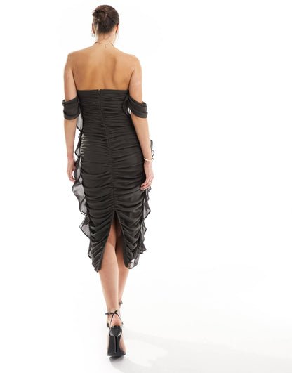ASOS DESIGN Tall Exclusive off the shoulder bandeau draped midi dress with ruffles in khaki