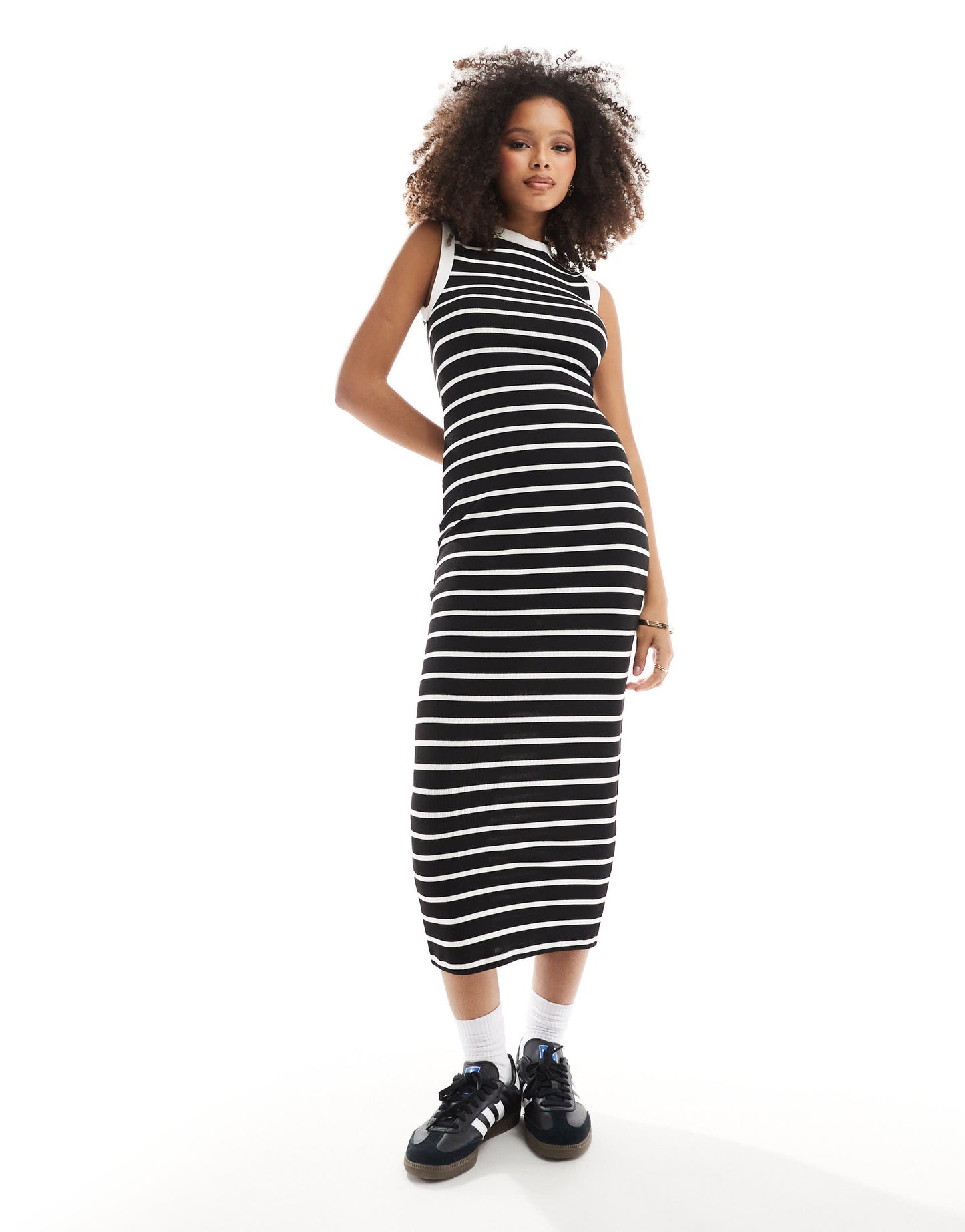 ASOS DESIGN 90s ribbed built up midi tank dress in black and white stripe