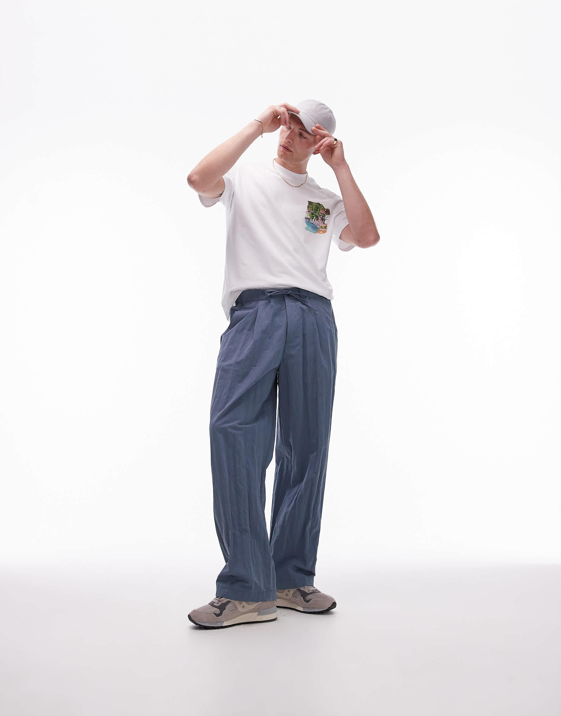 Topman premium wide leg paper bag trousers in blue