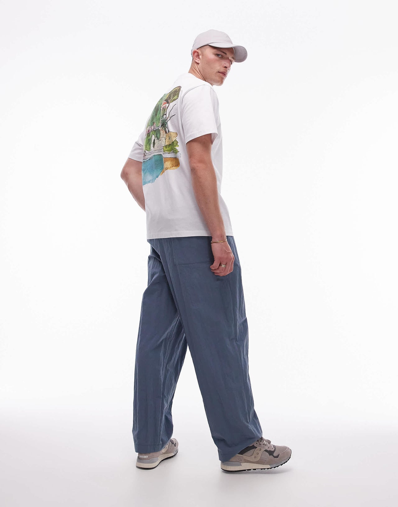 Topman premium wide leg paper bag trousers in blue