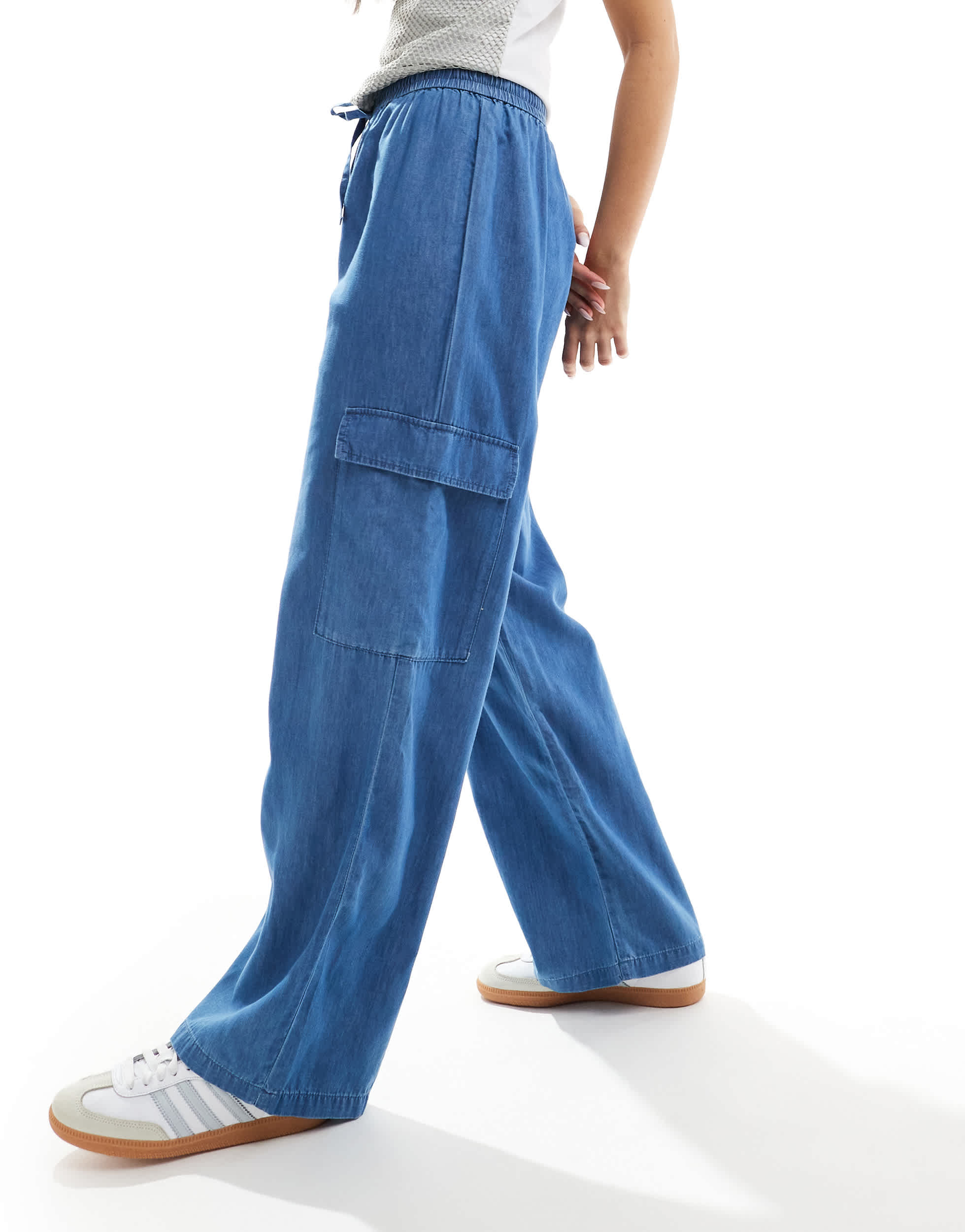 ONLY Marla wide leg denim cargo trousers in mid blue