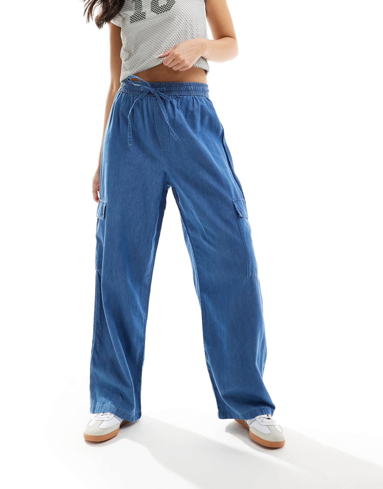 ONLY Marla wide leg denim cargo trousers in mid blue