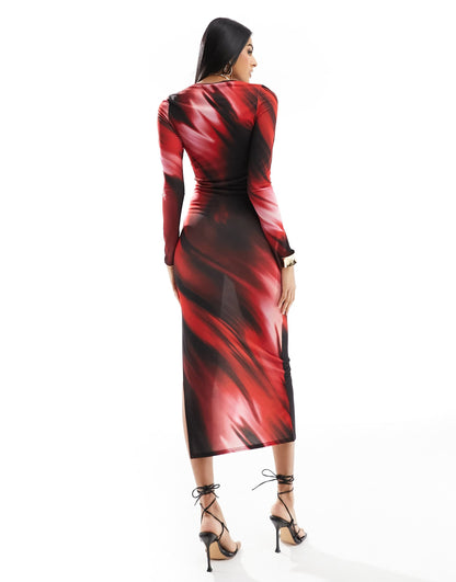 Miss Selfridge long sleeve maxi ombre print dress in red