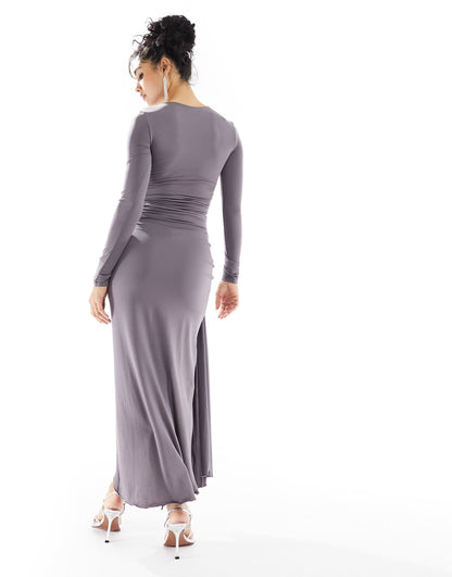 Bershka ruched side heart detail maxi dress in charcoal