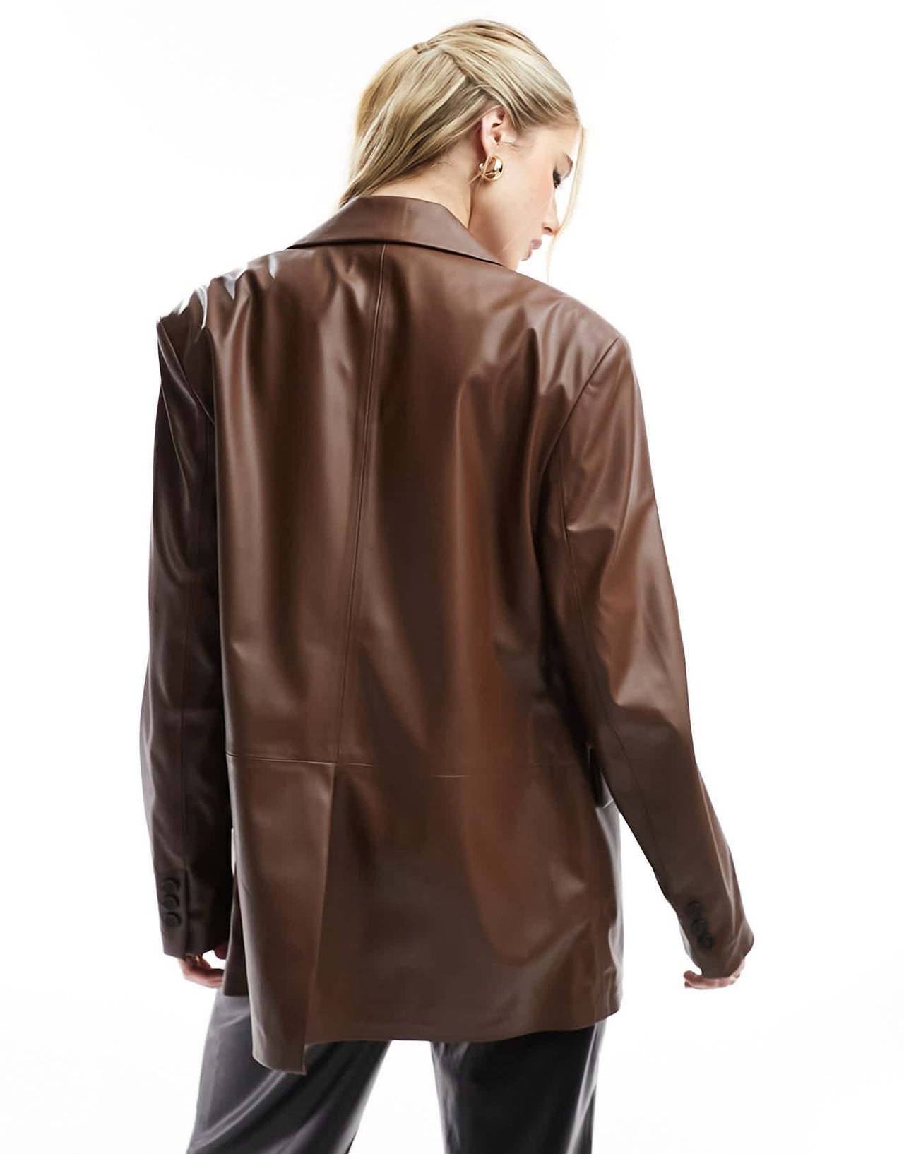 Bershka faux leather blazer in deep chocolate