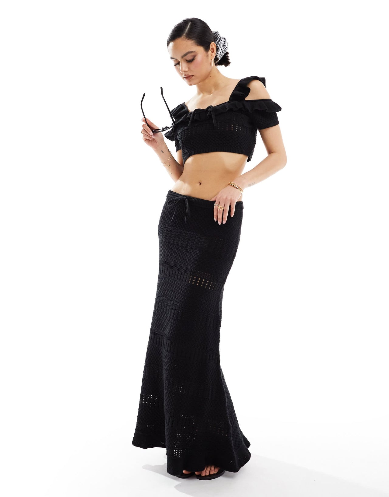 ASOS DESIGN knitted stitch cami top with tie detail co-ord in black