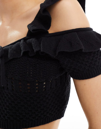 ASOS DESIGN knitted stitch cami top with tie detail co-ord in black