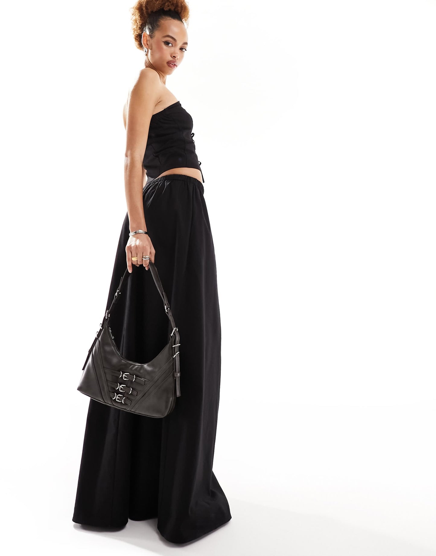 Lioness drawstring waist maxi skirt co-ord in black