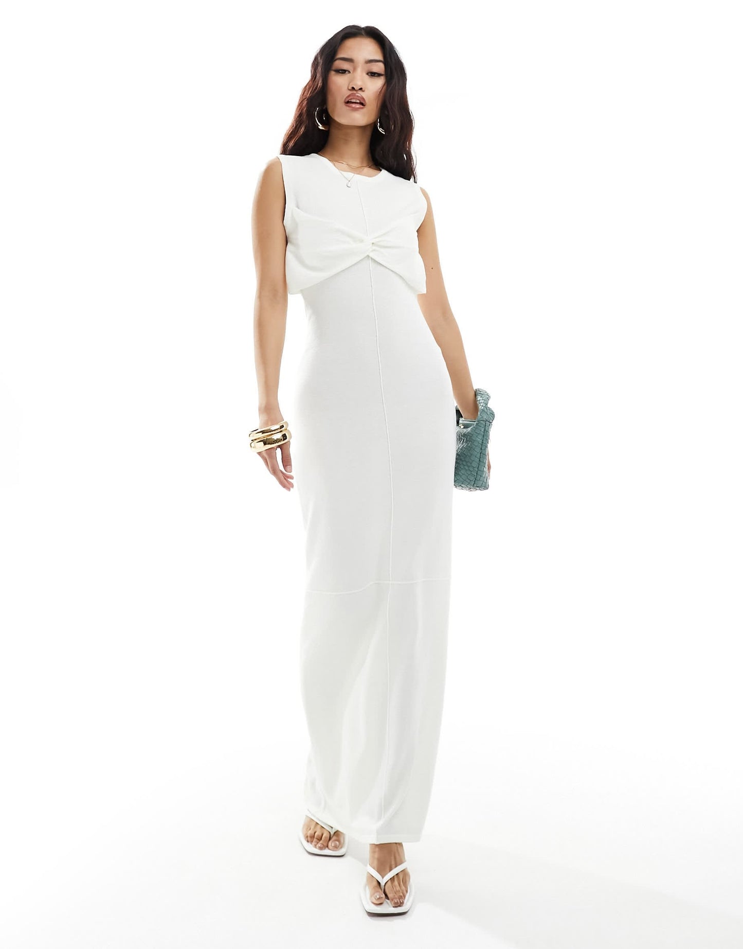 4th & Reckless fine knit twist bust detail maxi dress with front seam in white