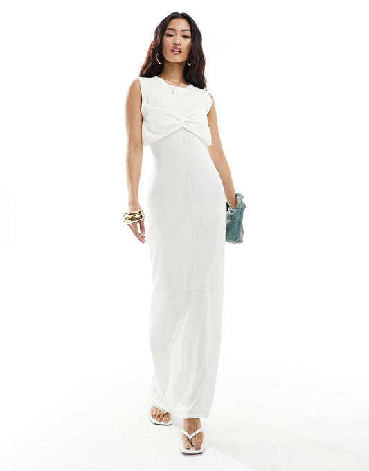 4th & Reckless fine knit twist bust detail maxi dress with front seam in white
