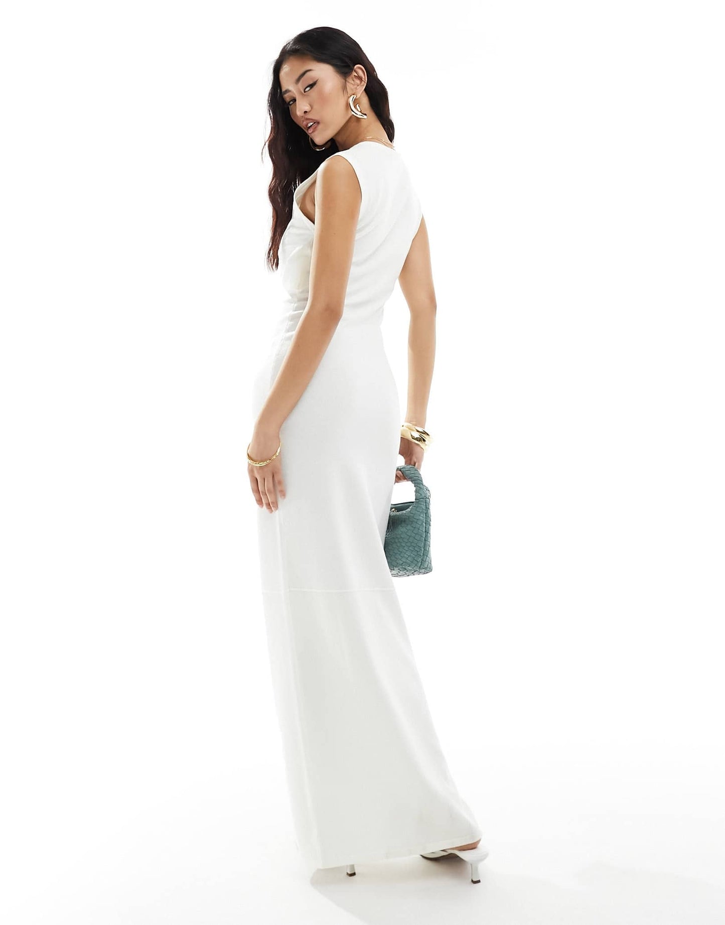 4th & Reckless fine knit twist bust detail maxi dress with front seam in white