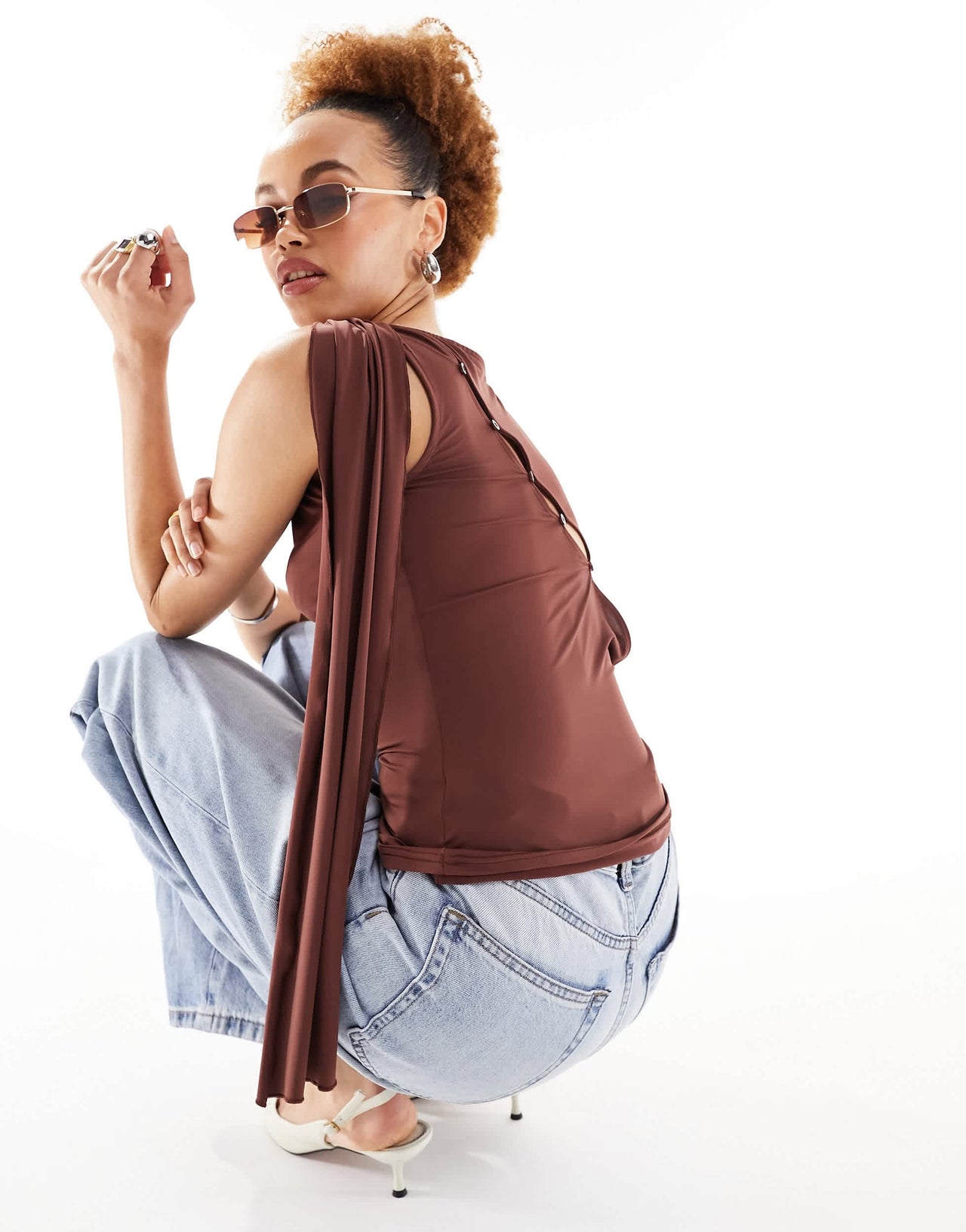 Lioness asymmetric button detail drape shoulder top in brown