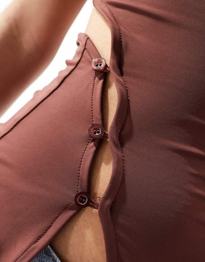 Lioness asymmetric button detail drape shoulder top in brown