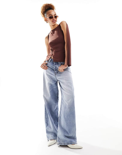 Lioness asymmetric button detail drape shoulder top in brown
