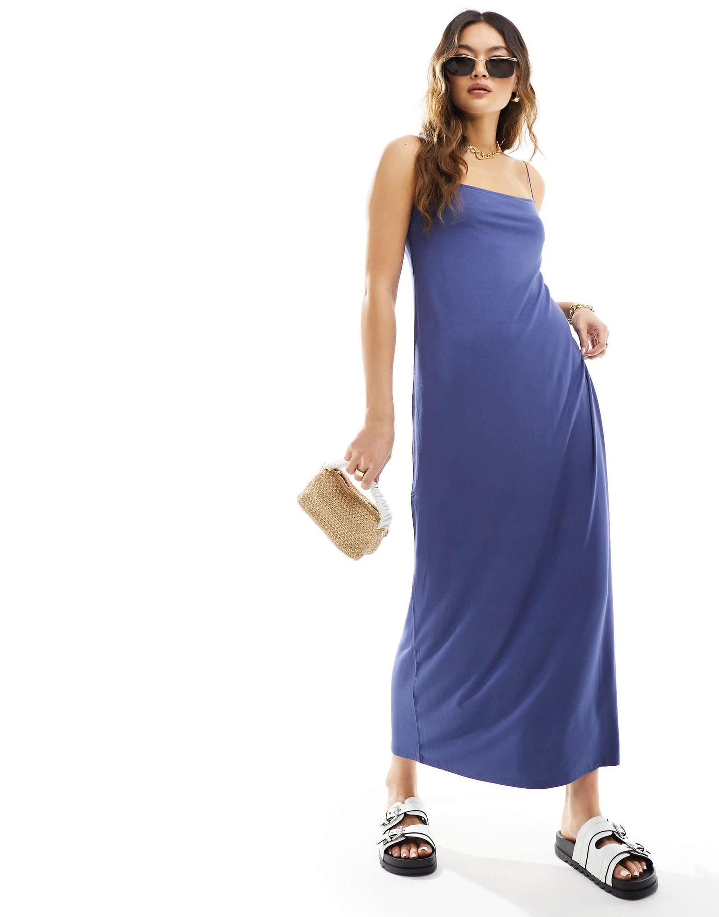 ASOS DESIGN square neck midaxi dress cami with spaghetti strap in indigo blue - MULTI