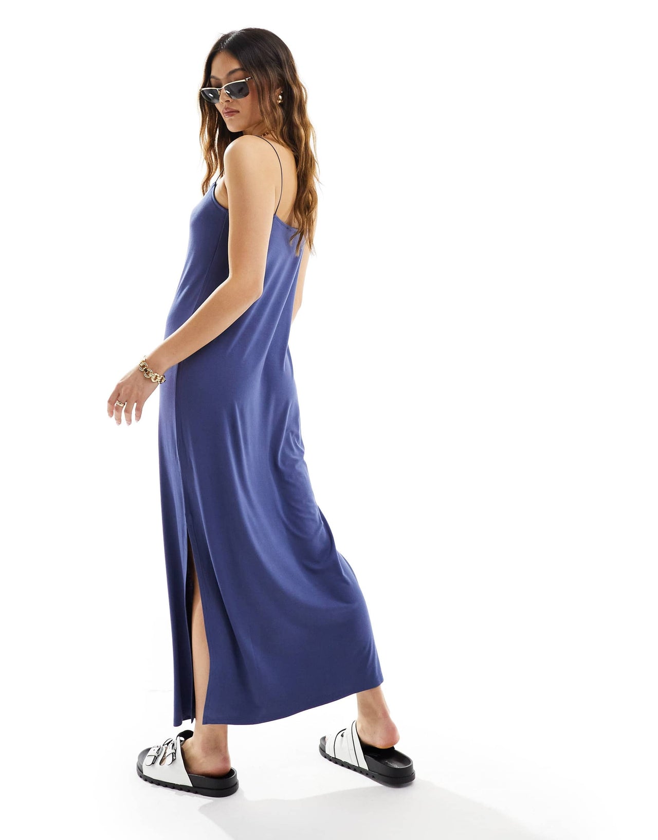 ASOS DESIGN square neck midaxi dress cami with spaghetti strap in indigo blue - MULTI