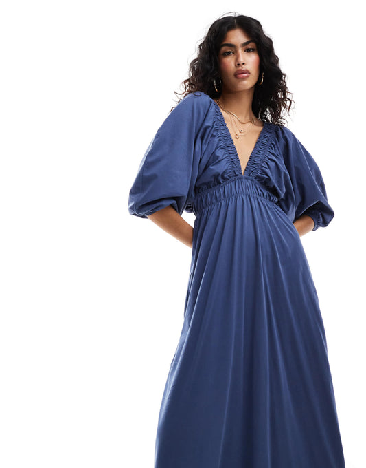 ASOS DESIGN plunge elastic tea midi dress with ruched waist in indigo blue