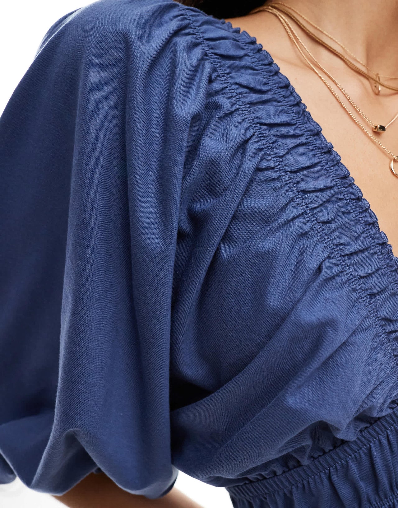 ASOS DESIGN plunge elastic tea midi dress with ruched waist in indigo blue