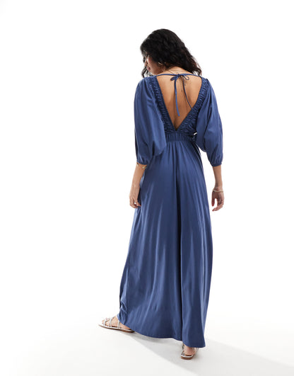 ASOS DESIGN plunge elastic tea midi dress with ruched waist in indigo blue