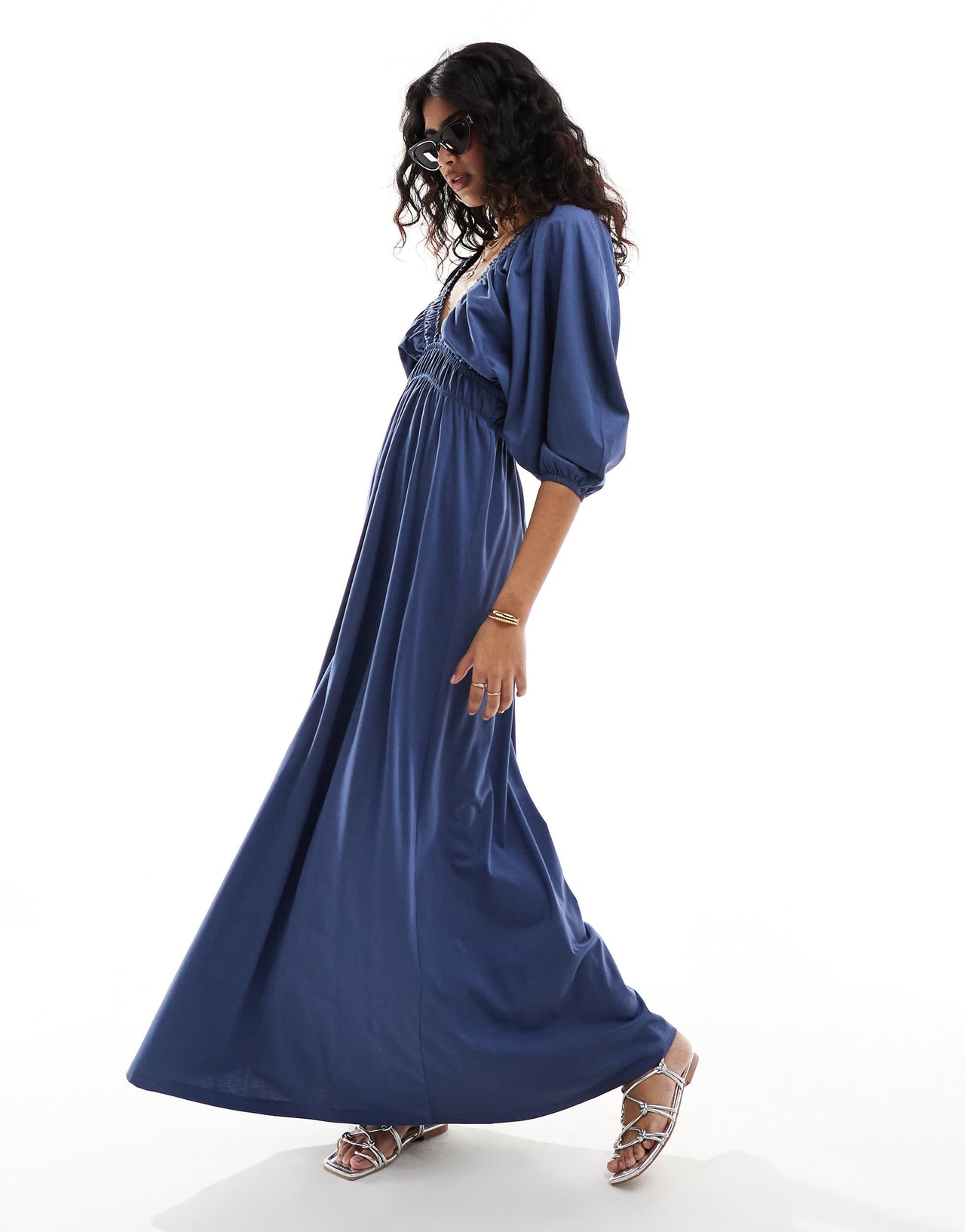 ASOS DESIGN plunge elastic tea midi dress with ruched waist in indigo blue