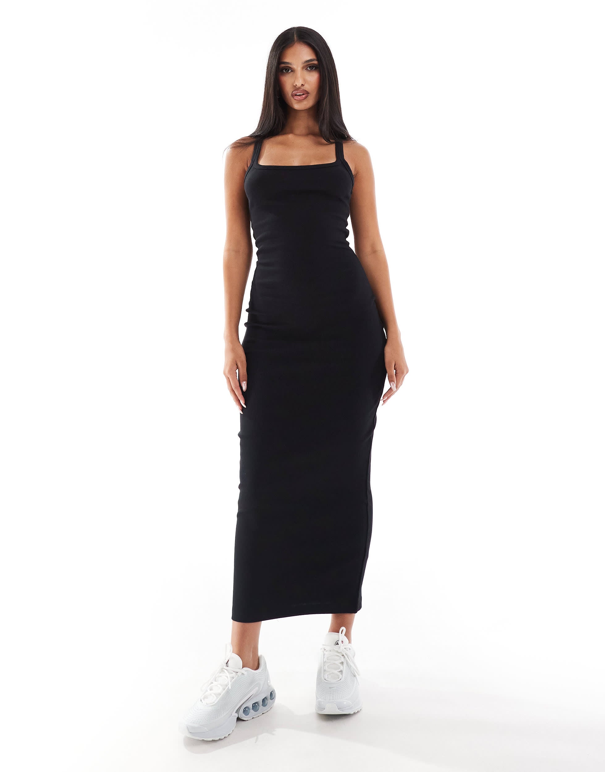 ASOS DESIGN ribbed strappy square neck midaxi dress in black
